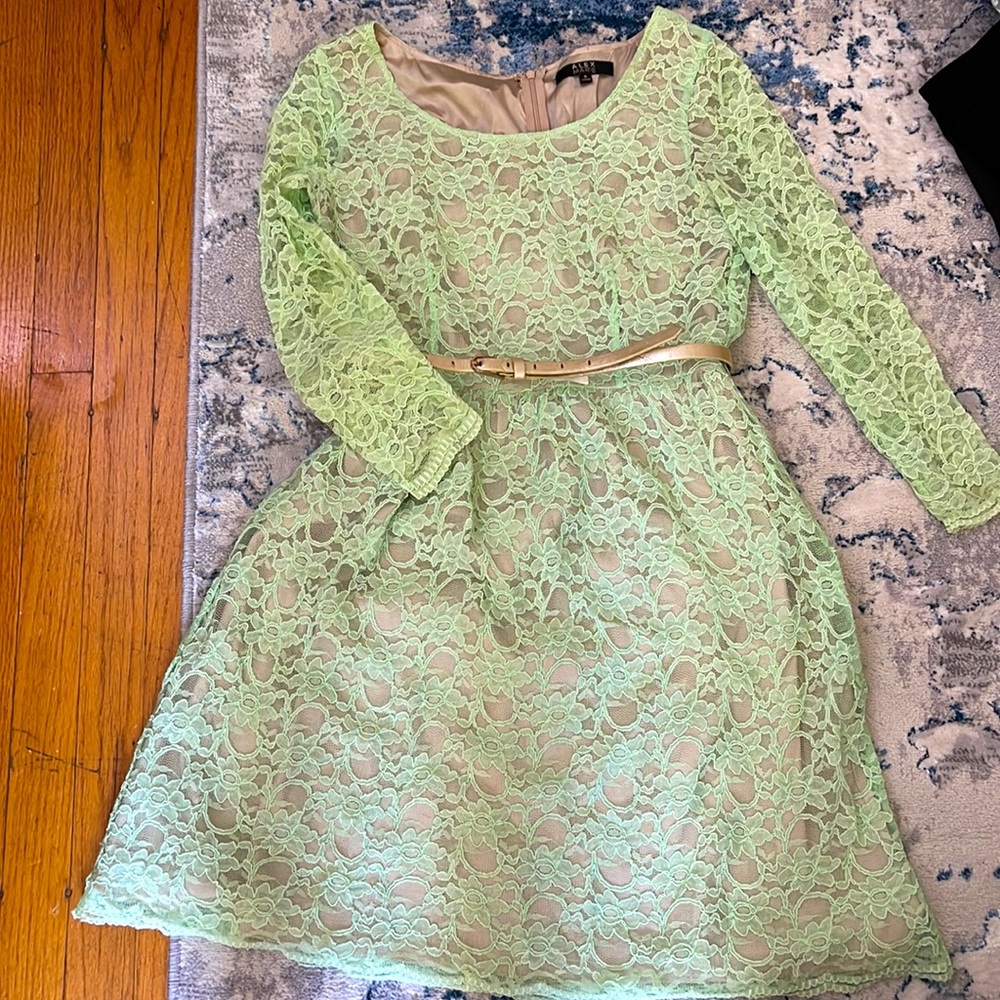 Alex Marie size 8 mint lace dress, with gold belt.